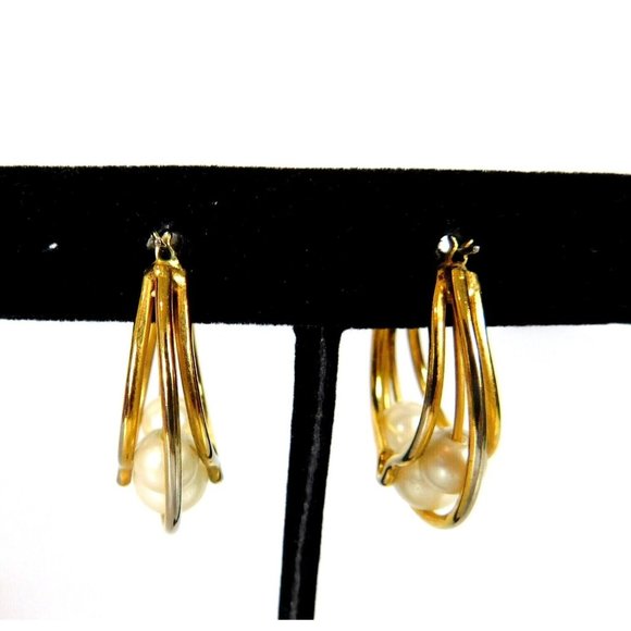 Faux Pearl Triple Wire Hoop Gold Tone Earrings Hinged Closure Pierced Ears - Picture 9 of 9